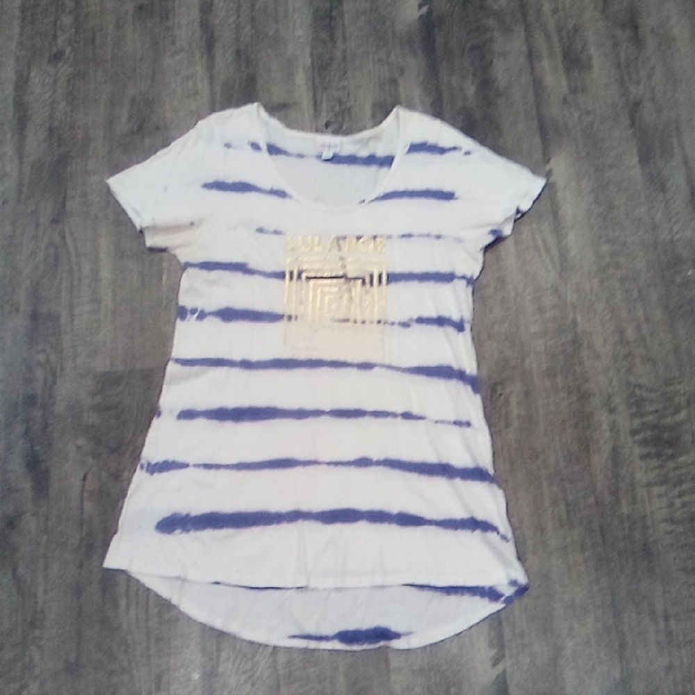 Striped White and Blue T-Shirt with Gold Design